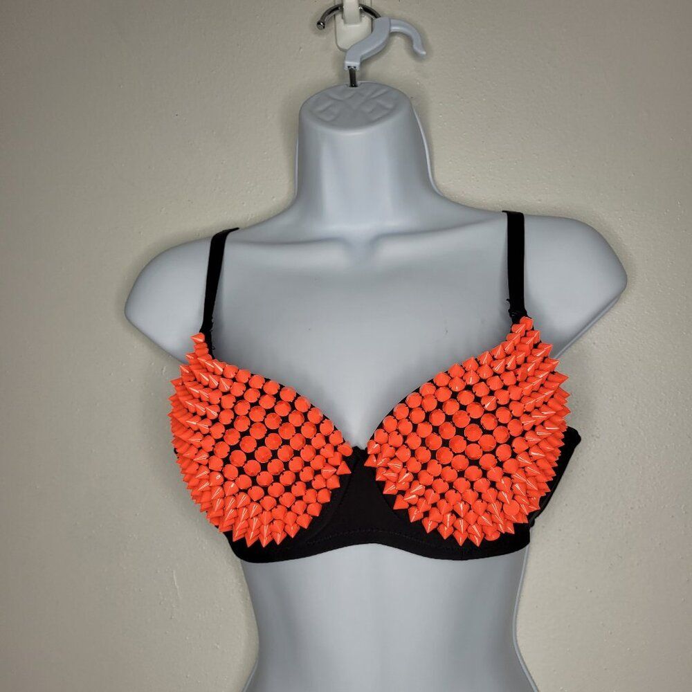 Neon orange plastic faux spike rave club kid alt baddie bra size 38